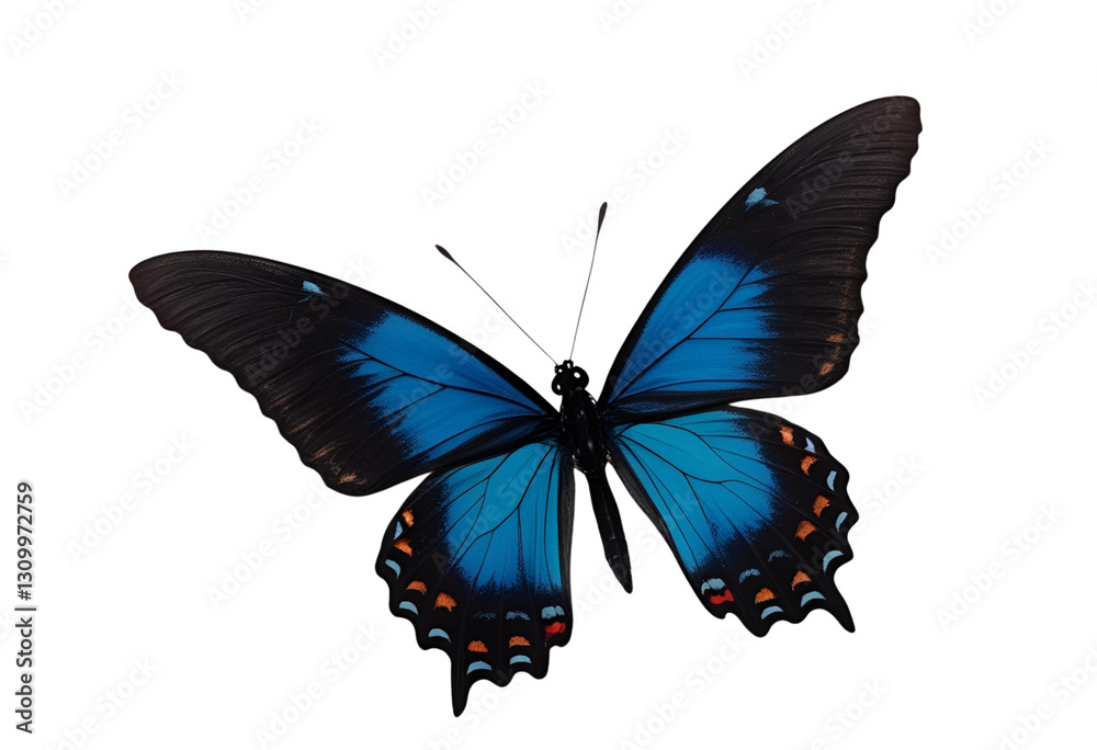 A dark blue butterfly soars gracefully, showcasing its vibrant beauty A dark blue butterfly soars gracefully, showcasing its vibrant beauty