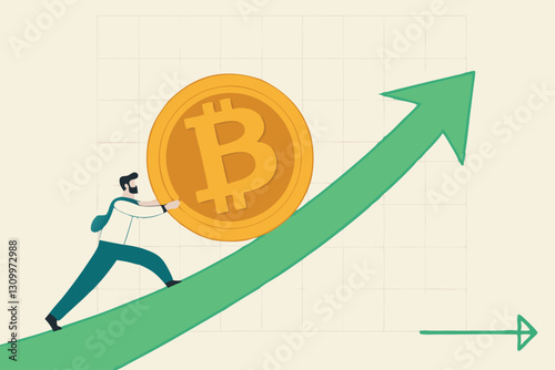 Bitcoin and crypto price rising up, soaring and price increase, crypto currency value growth, mass adoption concept, businessman investor trying hard to push bitcoin up rising up arrow graph and chart