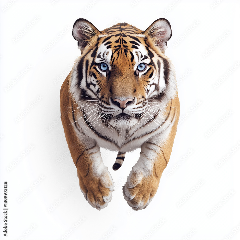 Obraz premium Majestic Standing Tiger with Blue Eyes Isolated on White Background 