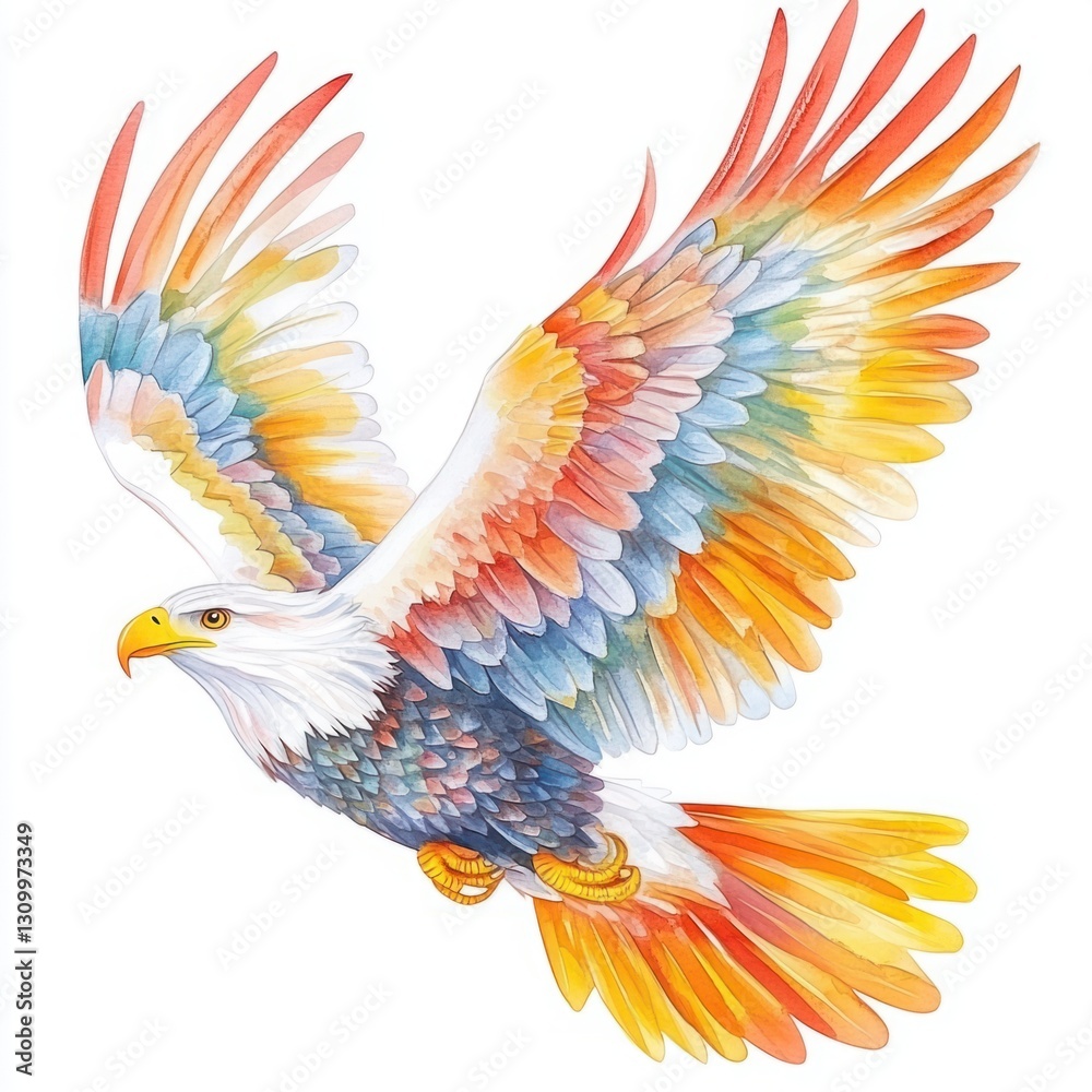 Obraz premium Majestic Eagle Flying Through the Sky with Vibrant Colorful Feathers Showcasing Nature’s Beauty and Wildlife in a Stunning Artistic Illustration