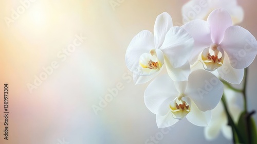 Fresh white orchids on the side against a soft gradient white