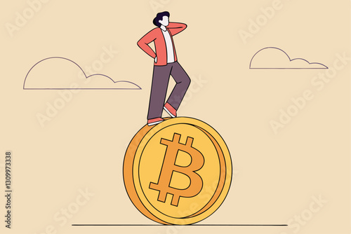 Bitcoin and crypto investment risk, balance between risk and return, cryptocurrency challenge to overcome volatility and make profit concept, businessman investor balancing as acrobat on giant bitcoin