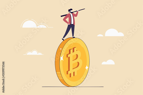 Bitcoin and crypto investment risk, balance between risk and return, cryptocurrency challenge to overcome volatility and make profit concept, businessman investor balancing as acrobat on giant bitcoin