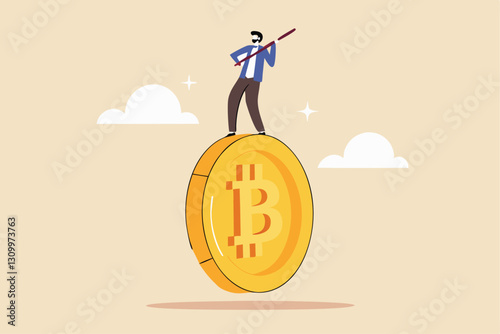 Bitcoin and crypto investment risk, balance between risk and return, cryptocurrency challenge to overcome volatility and make profit concept, businessman investor balancing as acrobat on giant bitcoin