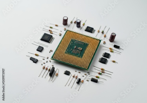 Computer microprocessor surrounded by electronic components on a white background