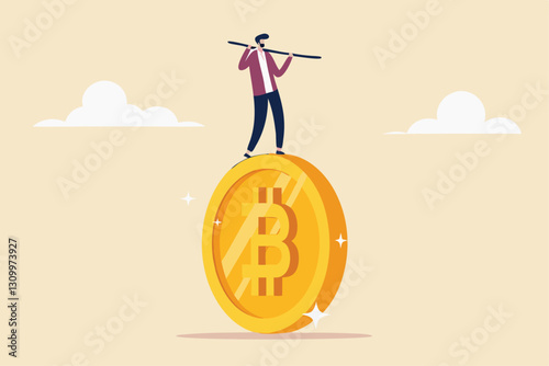 Bitcoin and crypto investment risk, balance between risk and return, cryptocurrency challenge to overcome volatility and make profit concept, businessman investor balancing as acrobat on giant bitcoin
