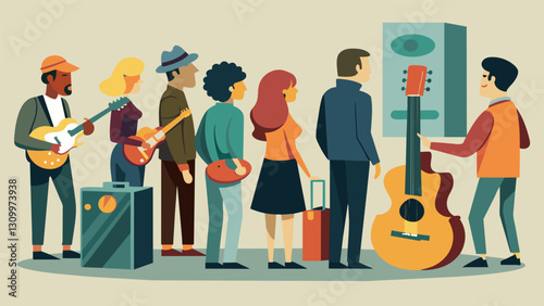 A group of musicians anxiously waiting in line to try out an elusive and highly soughtafter vintage guitar at a secondhand music equipment fair.. Vector illustration