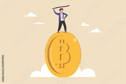 Bitcoin and crypto investment risk, balance between risk and return, cryptocurrency challenge to overcome volatility and make profit concept, businessman investor balancing as acrobat on giant bitcoin