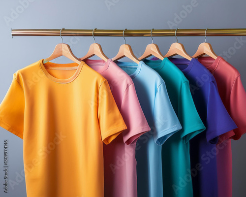 Hangers with vibrant custom-printed t-shirts that highlight the dye sublimation printing method.