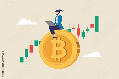 Bitcoin and cryptocurrency investing, crypto trading make profit and earning from Bitcoin price, businessman investor using computer to trade crypto on big Bitcoin with candlestick price graph chart.