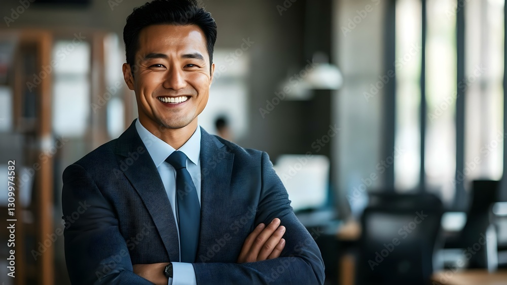 Fototapeta premium A smiling man in a suit stands confidently with crossed arms in a modern office setting. Concept Professional Attire, Confident Body Language, Modern Office Environment, Smiling Portrait