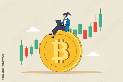 Bitcoin and cryptocurrency investing, crypto trading make profit and earning from Bitcoin price, businessman investor using computer to trade crypto on big Bitcoin with candlestick price graph chart.