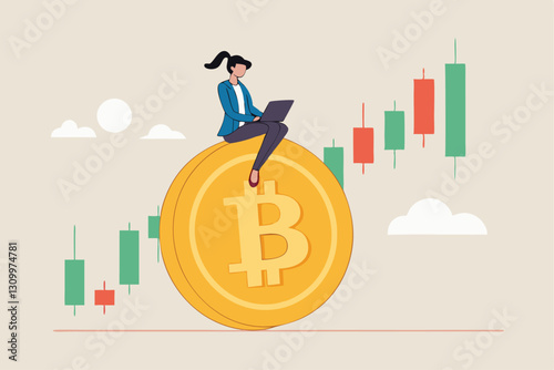 Bitcoin and cryptocurrency investing, crypto trading make profit and earning from Bitcoin price, businessman investor using computer to trade crypto on big Bitcoin with candlestick price graph chart.