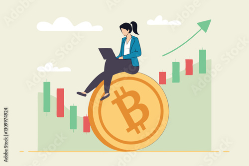 Bitcoin and cryptocurrency investing, crypto trading make profit and earning from Bitcoin price, businessman investor using computer to trade crypto on big Bitcoin with candlestick price graph chart.