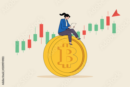 Bitcoin and cryptocurrency investing, crypto trading make profit and earning from Bitcoin price, businessman investor using computer to trade crypto on big Bitcoin with candlestick price graph chart.