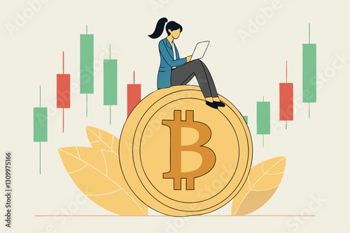 Bitcoin and cryptocurrency investing, crypto trading make profit and earning from Bitcoin price, businessman investor using computer to trade crypto on big Bitcoin with candlestick price graph chart.