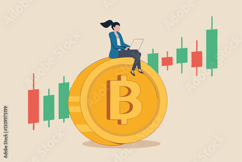 Bitcoin and cryptocurrency investing, crypto trading make profit and earning from Bitcoin price, businessman investor using computer to trade crypto on big Bitcoin with candlestick price graph chart.