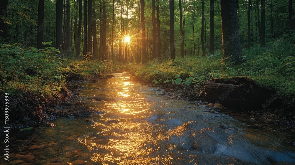 Fototapeta premium Golden sunset illuminates tranquil forest stream.
