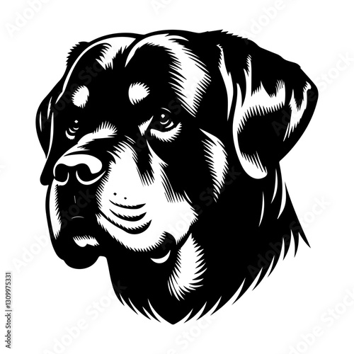 Rottweiler's head is a black and white logo. EPS vector graphics.