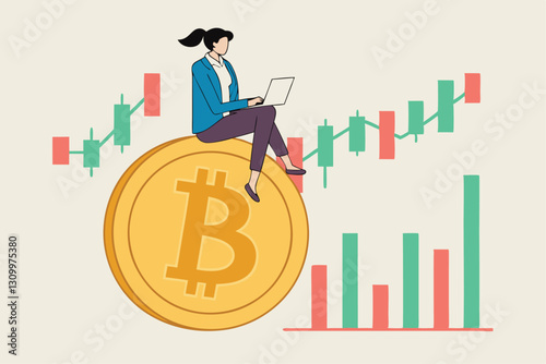 Bitcoin and cryptocurrency investing, crypto trading make profit and earning from Bitcoin price, businessman investor using computer to trade crypto on big Bitcoin with candlestick price graph chart.