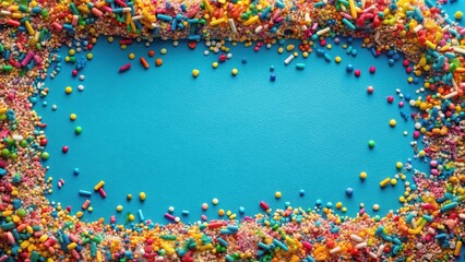A colorful sprinkle border surrounds a vibrant blue background in a whimsical design, confetti details, whimsical design
