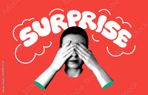 Woman covering her eyes with her hands. Surprise party, birthday concept. Modern collage with halftone elements