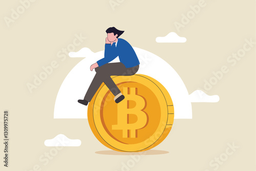 Bitcoin hodl, holder who buy bitcoin or crypto currency for long term investment, crypto investing or believe in Bitcoin independence concept, calm businessman investor relax sitting on Bitcoin.