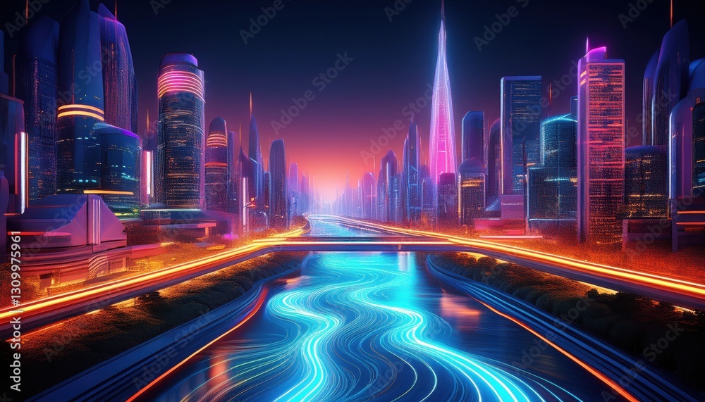 Fototapeta premium A breathtaking urban landscape at dusk with glowing skyscrapers lining a winding river.