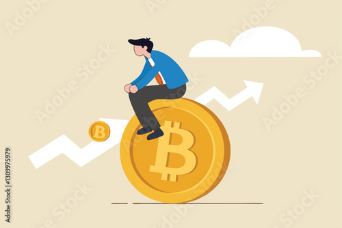 Bitcoin hodl, holder who buy bitcoin or crypto currency for long term investment, crypto investing or believe in Bitcoin independence concept, calm businessman investor relax sitting on Bitcoin.