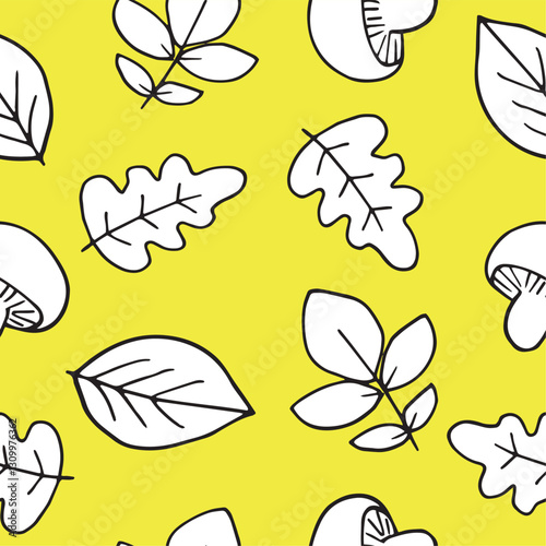 leaves and mushrooms vector seamless pattern graphics doodle hand drawn illustration on yellow background base for textile tableware design and printing