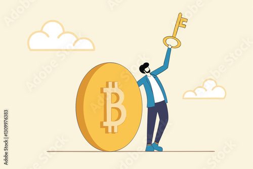 Private key or hardware wallet to store cryptocurrency or Bitcoin, security password or safety protection for crypto currency concept, confidence businessman investor holding private key with Bitcoin.
