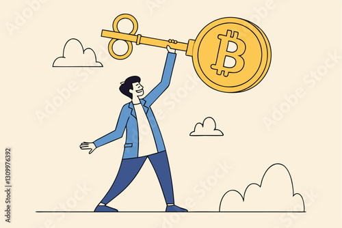 Private key or hardware wallet to store cryptocurrency or Bitcoin, security password or safety protection for crypto currency concept, confidence businessman investor holding private key with Bitcoin.