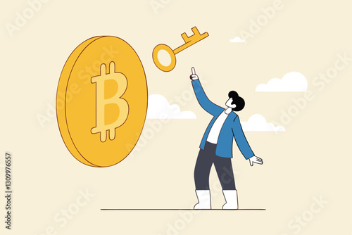 Private key or hardware wallet to store cryptocurrency or Bitcoin, security password or safety protection for crypto currency concept, confidence businessman investor holding private key with Bitcoin.