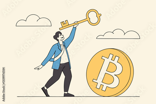 Private key or hardware wallet to store cryptocurrency or Bitcoin, security password or safety protection for crypto currency concept, confidence businessman investor holding private key with Bitcoin.