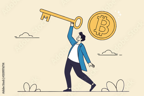 Private key or hardware wallet to store cryptocurrency or Bitcoin, security password or safety protection for crypto currency concept, confidence businessman investor holding private key with Bitcoin.