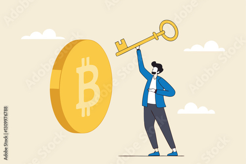 Private key or hardware wallet to store cryptocurrency or Bitcoin, security password or safety protection for crypto currency concept, confidence businessman investor holding private key with Bitcoin.