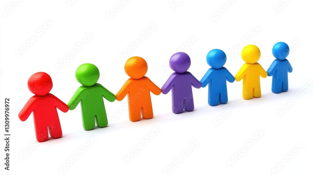 Seven colorful figures holding hands, symbolizing unity and teamwork Seven colorful figures holding hands, symbolizing unity and teamwork