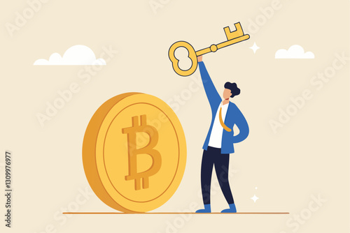 Private key or hardware wallet to store cryptocurrency or Bitcoin, security password or safety protection for crypto currency concept, confidence businessman investor holding private key with Bitcoin.