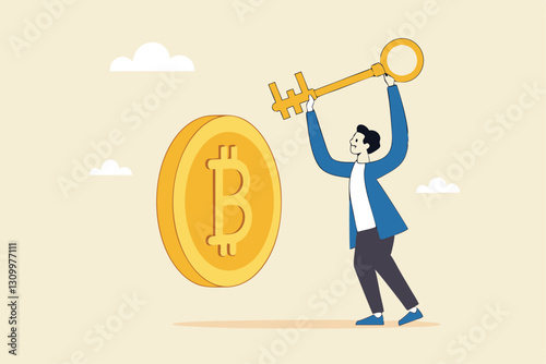 Private key or hardware wallet to store cryptocurrency or Bitcoin, security password or safety protection for crypto currency concept, confidence businessman investor holding private key with Bitcoin.