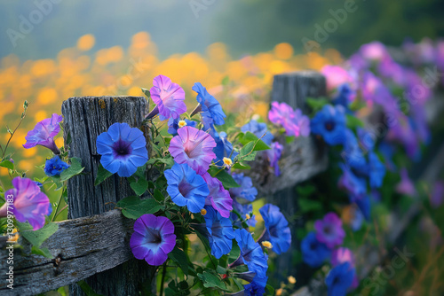 Vibrant blue and purple morning glories bloom along a rustic wooden fence, creating a picturesque summer scene. photo