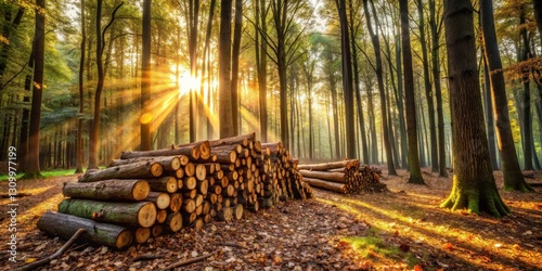 Golden rays of sunlight pierce through the dense canopy of an autumn forest, illuminating a pile of freshly cut logs resting on the forest floor.