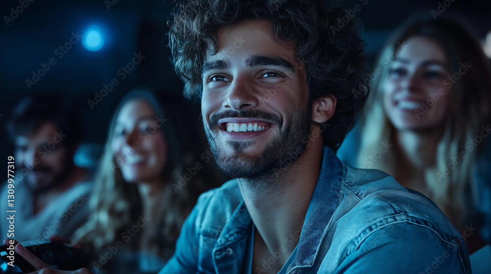 A man with a big smile is sitting in front of a group of people A man with a big smile is sitting in front of a group of people