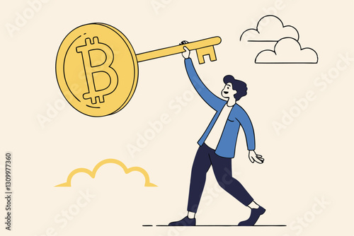Private key or hardware wallet to store cryptocurrency or Bitcoin, security password or safety protection for crypto currency concept, confidence businessman investor holding private key with Bitcoin.