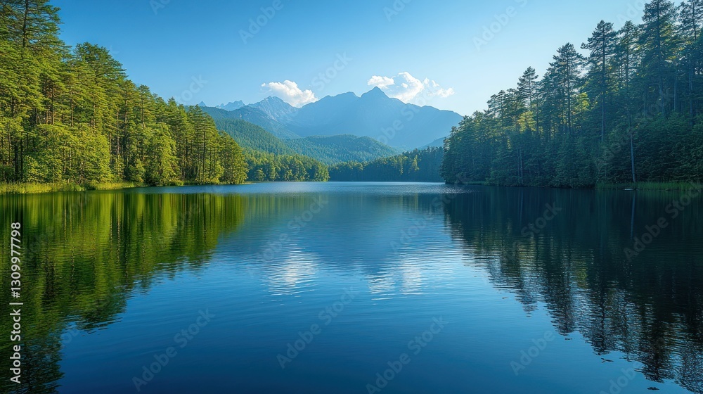Serene mountain lake reflecting tranquil forest.
