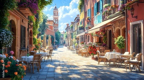 Venetian street cafe scene, sunny day, flowers, church
