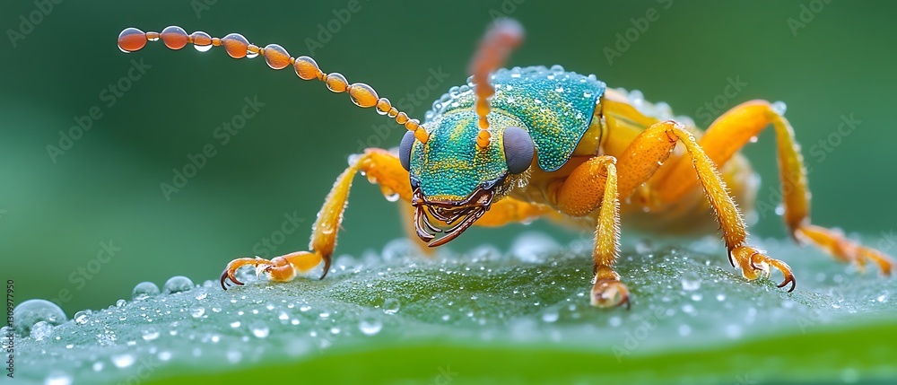 Naklejka premium Vibrant beetle on dewy leaf, macro shot