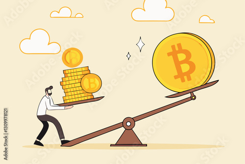 Bitcoin and crypto currency store of value compare to dollar money, inflation reduce value or investment asset choices concept, businessman investor stand with Bitcoin seesaw Dollar money coins.