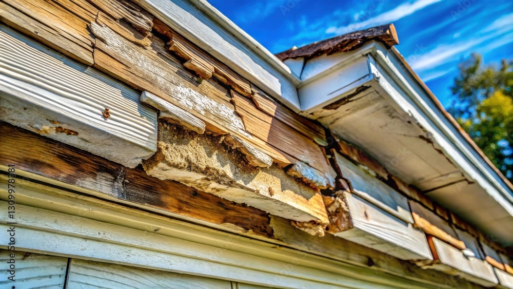 A close-up of a weathered and damaged wooden fascia board on a house, revealing the underlying structure and showing signs of neglect and potential water damage. A close-up of a weathered and damaged wooden fascia board on a house, revealing the underlying structure and showing signs of neglect and potential water damage.