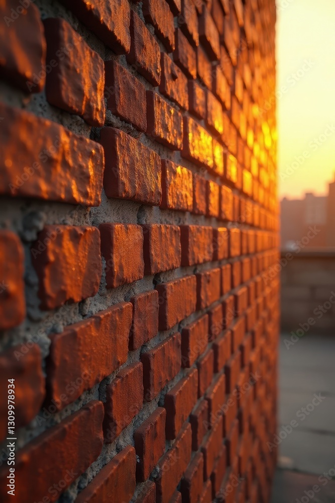Naklejka premium Golden hour light bathes precisely laid bricks in a sturdy new wall , site, construction worker, smooth