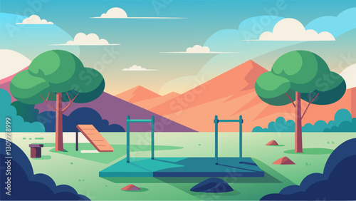 Take a break from reality and enter a tranquil naturefilled VR calisthenics park designed to bring a sense of peace and balance to your workout.. Vector illustration
